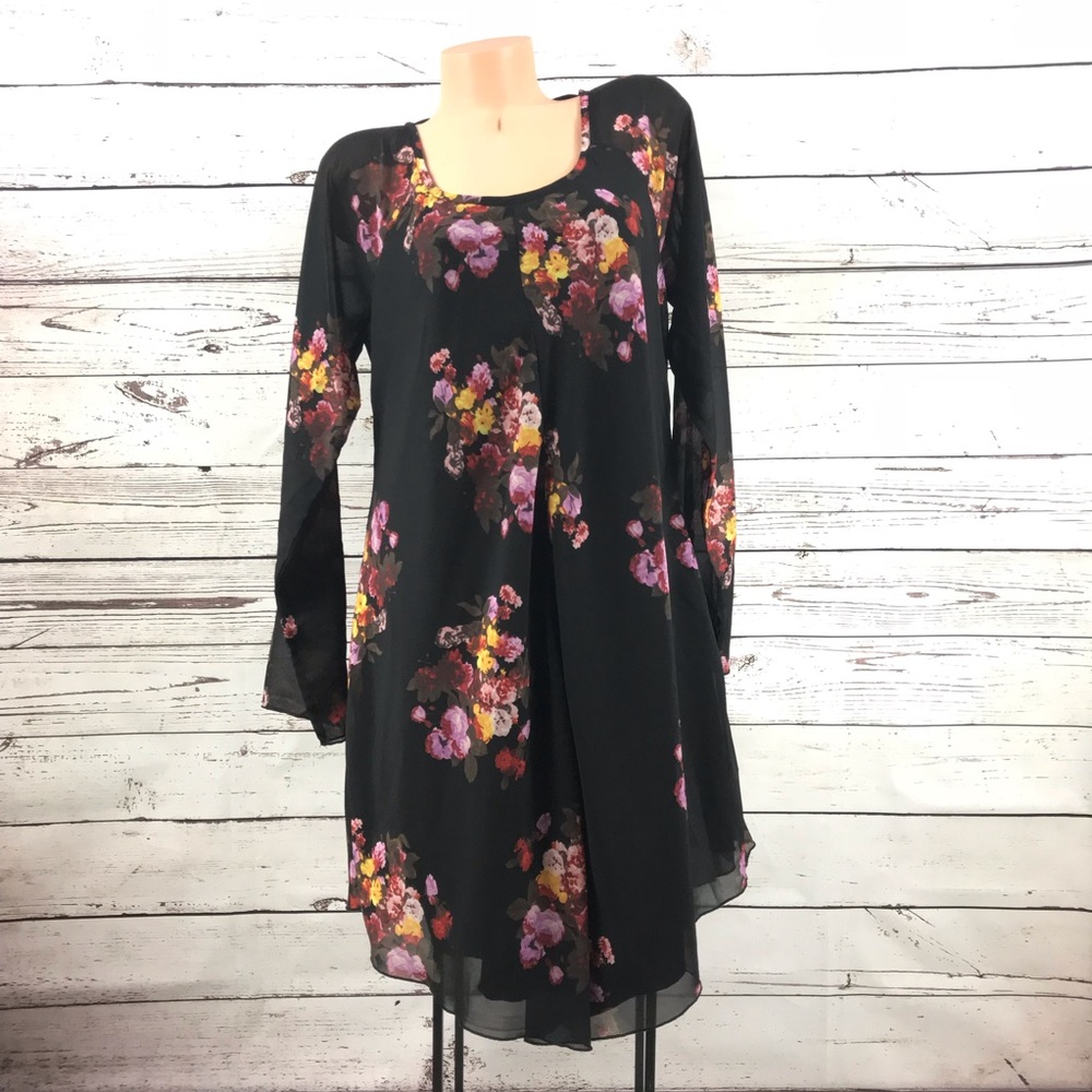 eShakti Floral Sheer Overlay Raglan Sleeve Dress